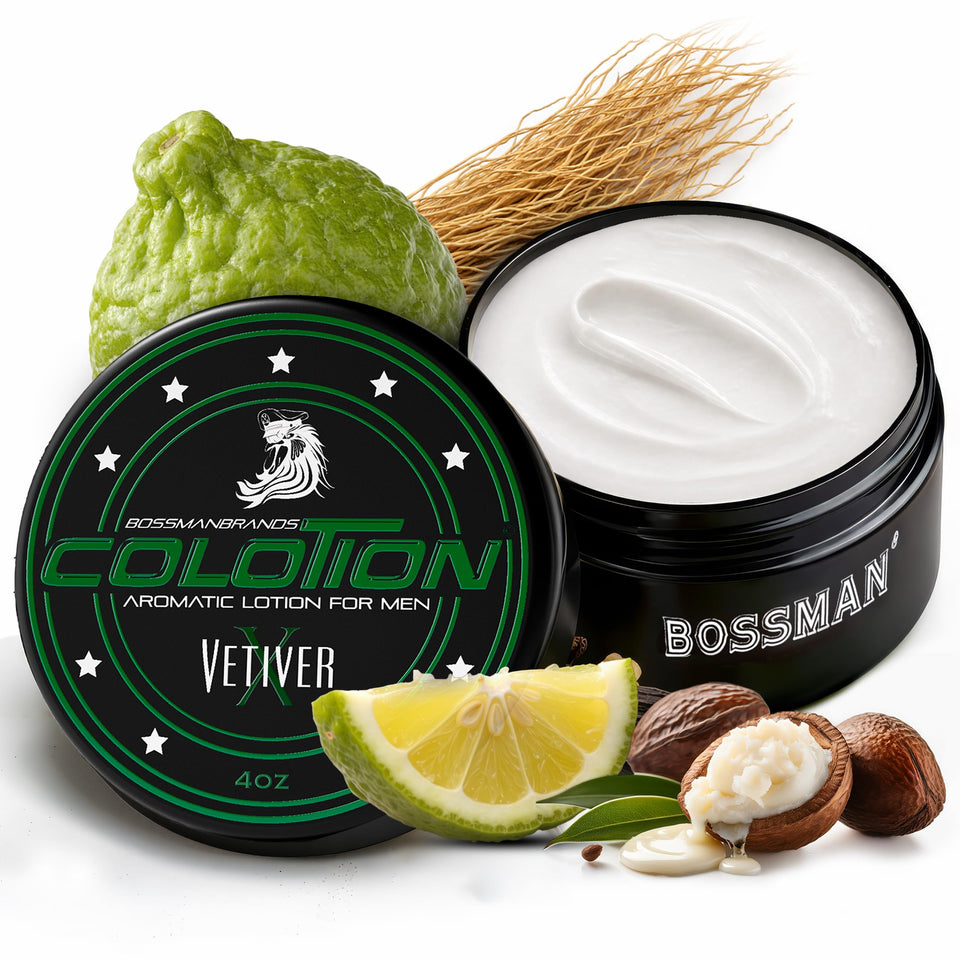 Bossman Colotion front packaging showing Vetiver X scent and benefit