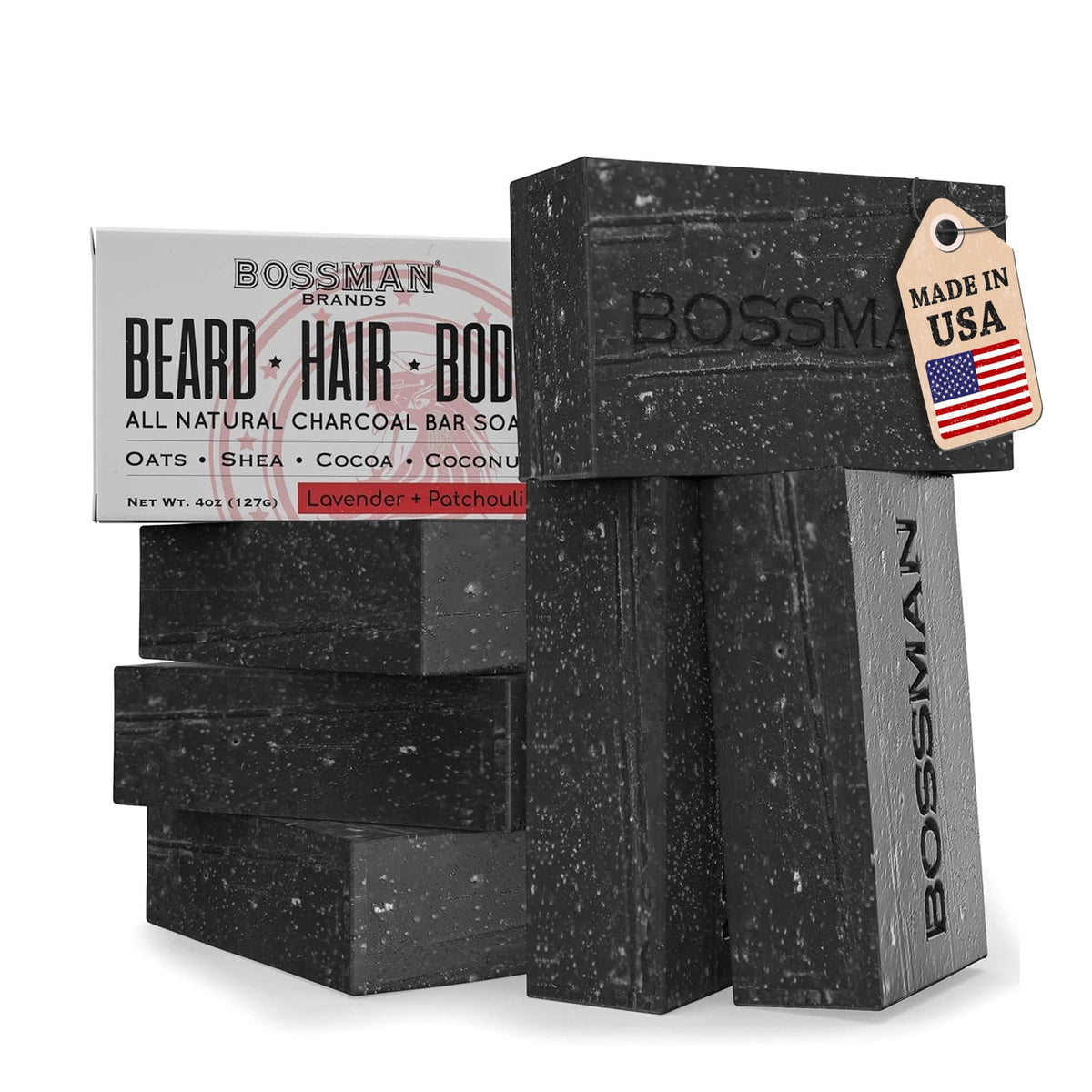 Bossman front packaging showing 4-in-1 soap bar and scent benefit