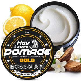 Bossman jar front packaging showing Gold scent and medium hold for clear purchase choice