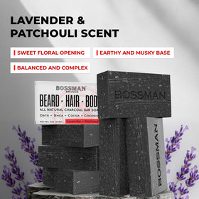 Bossman ingredients flatlay showing natural oils and charcoal benefits