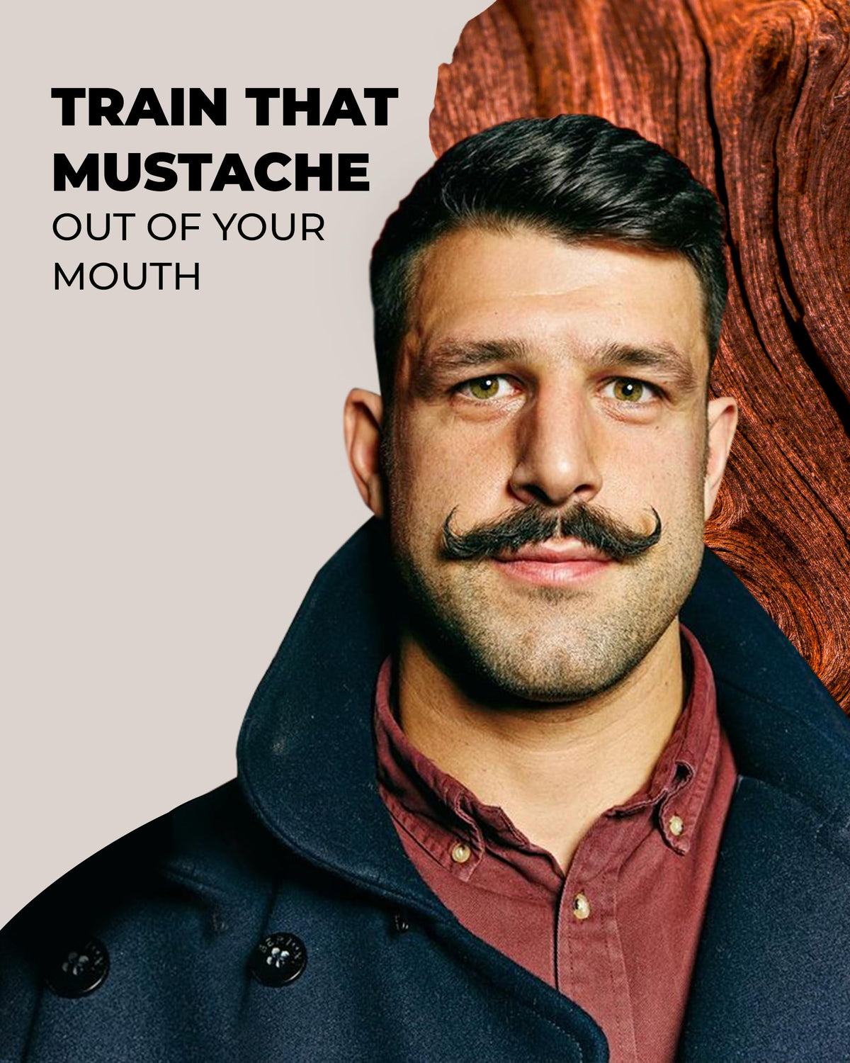 Man with handlebar mustache styled by Bossman, lifestyle look with long-lasting control