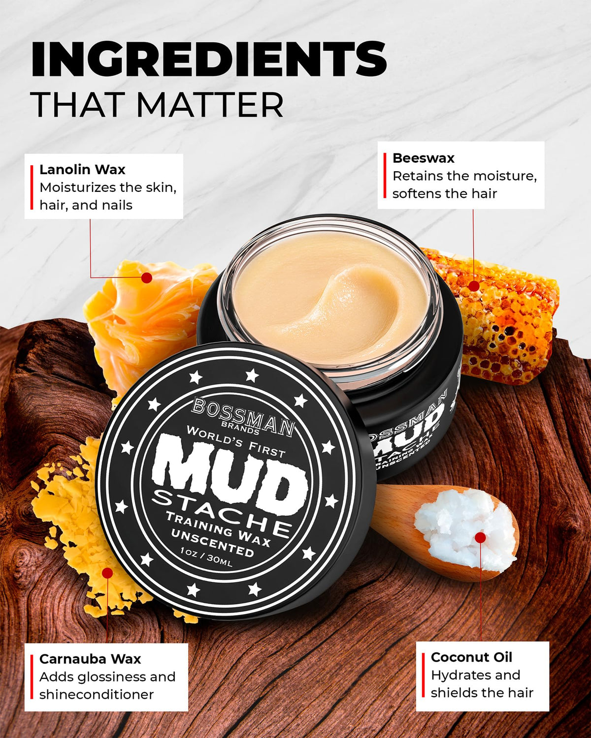 Bossman open tin revealing clay-like wax texture, easy-to-warm for styling