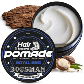 Bossman jar front view showing Royal Oud packaging and easy application benefit
