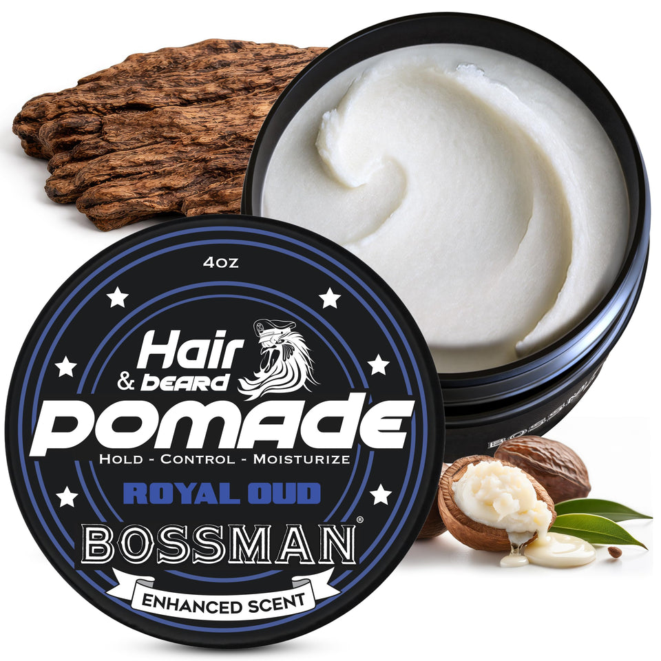 Bossman jar front view showing Royal Oud packaging and easy application benefit
