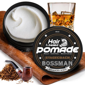 Bossman jar front view showing Stagecoach scent and medium hold for styling