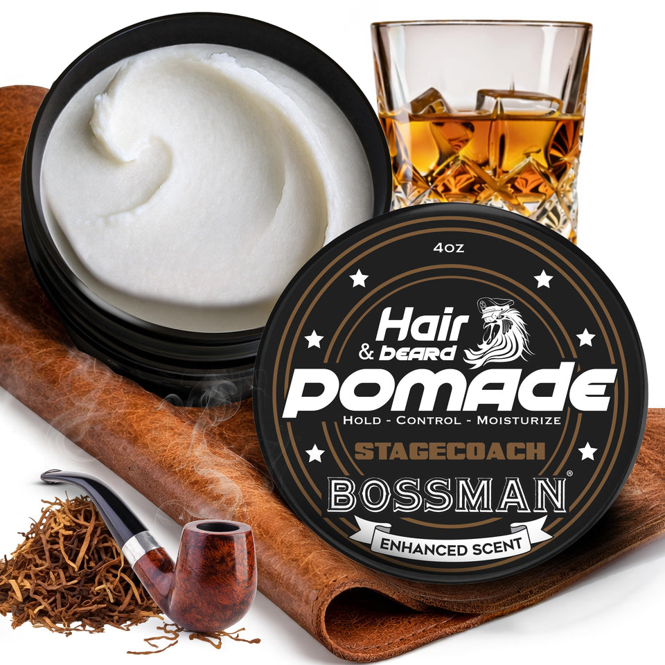 Bossman jar front view showing Stagecoach scent and medium hold for styling