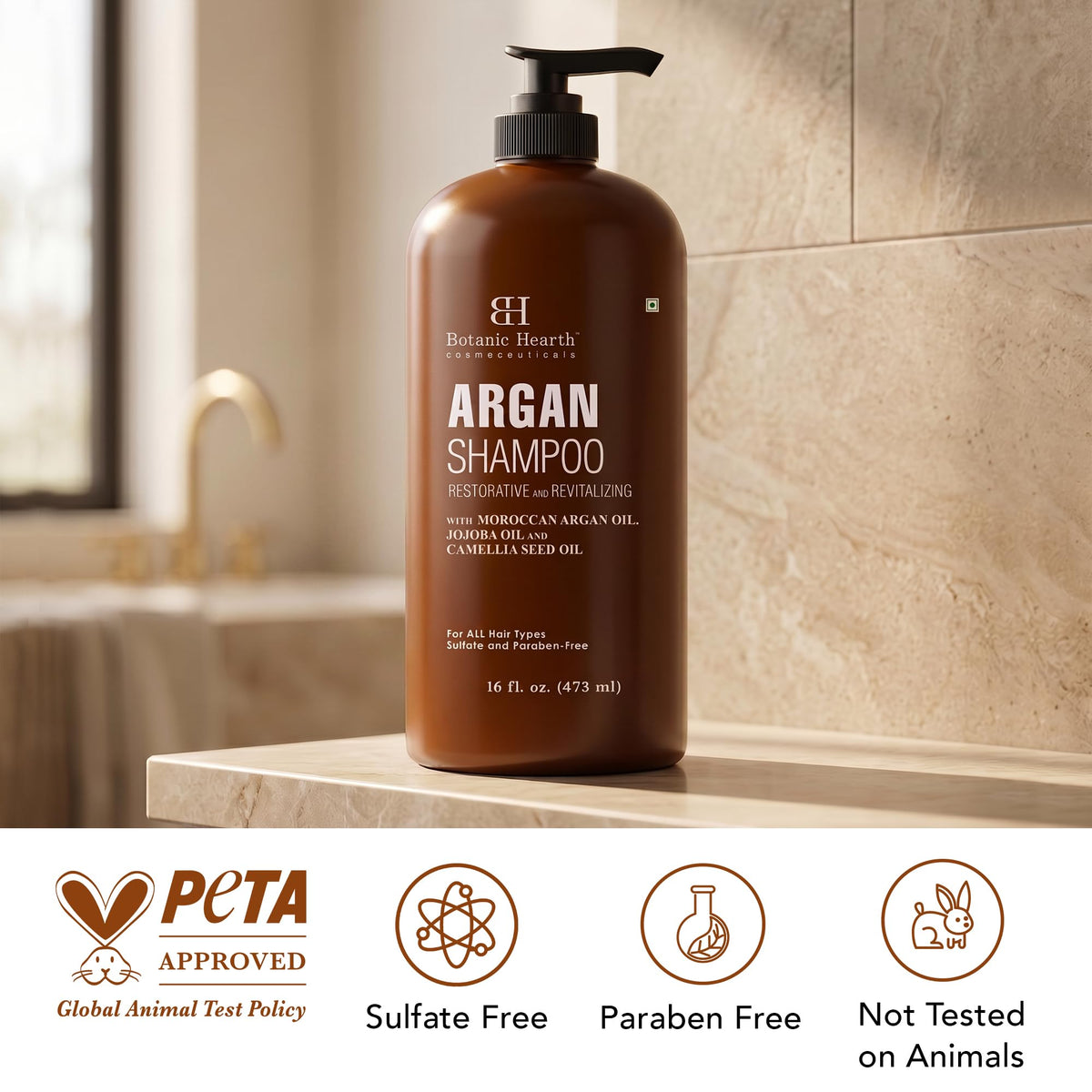 Botanic Hearth shampoo on bathroom shelf showing everyday routine benefit