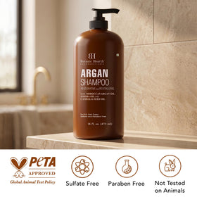 Botanic Hearth shampoo on bathroom shelf showing everyday routine benefit