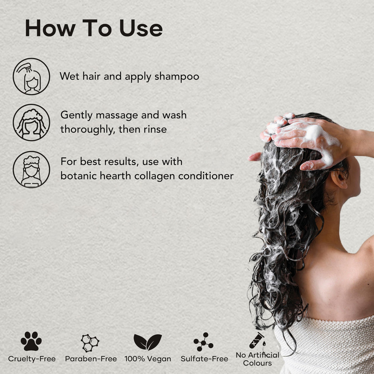 Botanic Hearth creamy shampoo texture on palm for gentle cleansing benefit