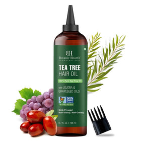 Botanic Hearth front bottle view showing tea tree scalp oil and soothing benefit