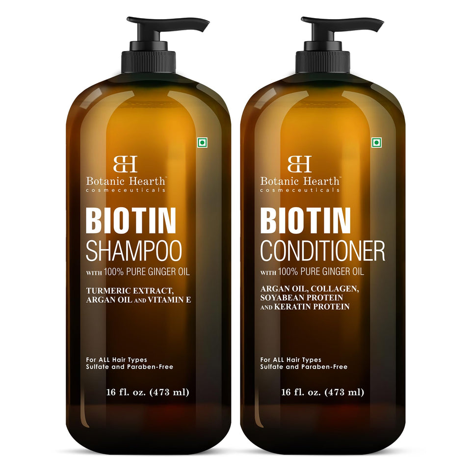 Botanic Hearth front packaging of shampoo and conditioner showing set benefits