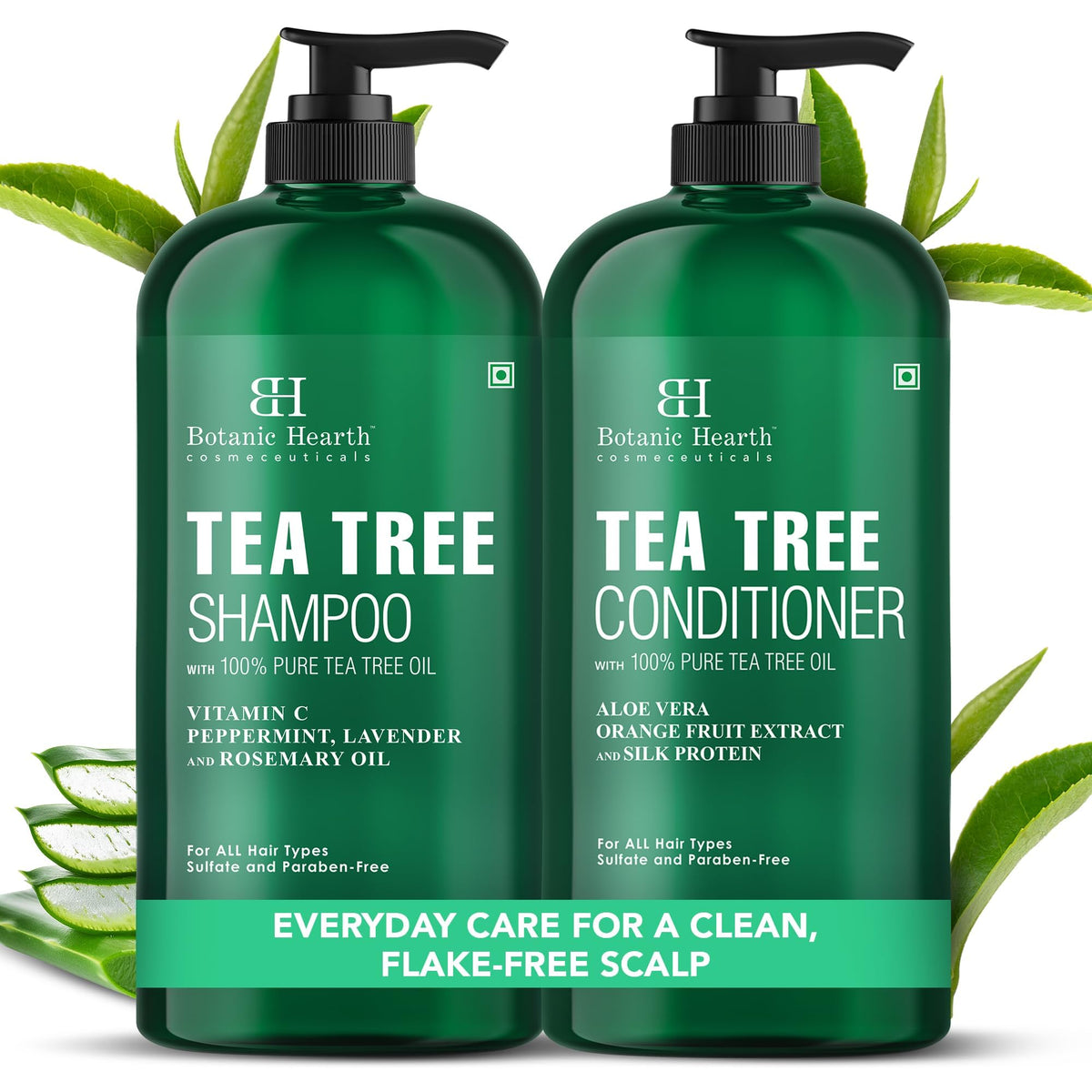 Botanic Hearth front packaging showing dual tea tree oil bottles for soothing scalp