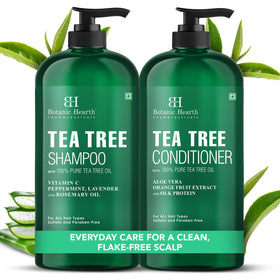 Botanic Hearth front packaging showing dual tea tree oil bottles for soothing scalp
