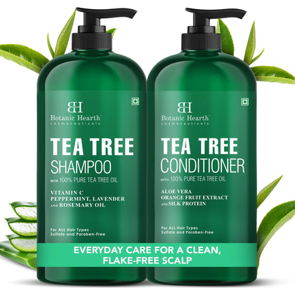 Botanic Hearth front packaging showing dual tea tree oil bottles for soothing scalp