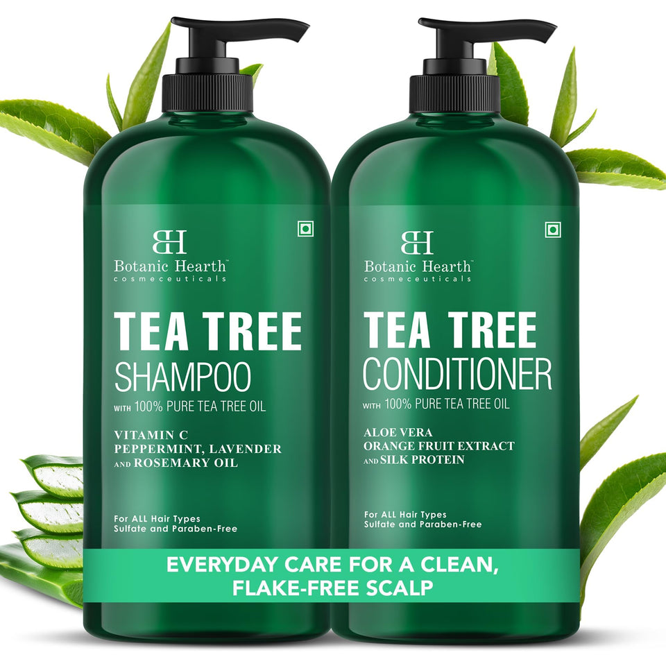 Botanic Hearth front packaging showing dual tea tree oil bottles for soothing scalp