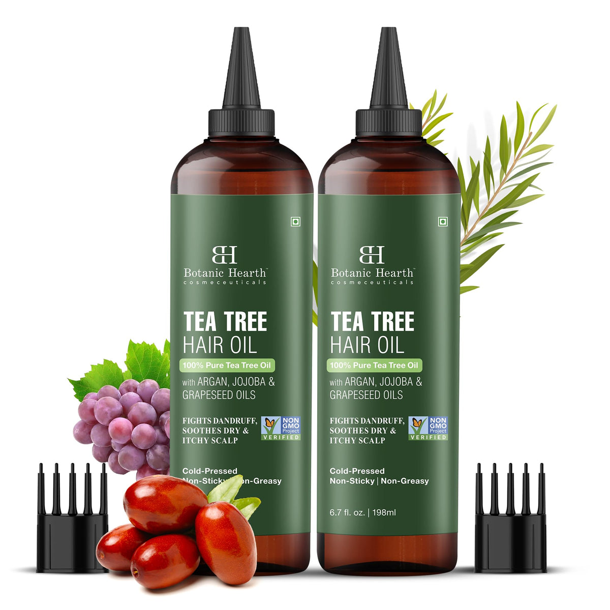 Botanic Hearth front packaging showing tea tree hair oil for scalp soothing