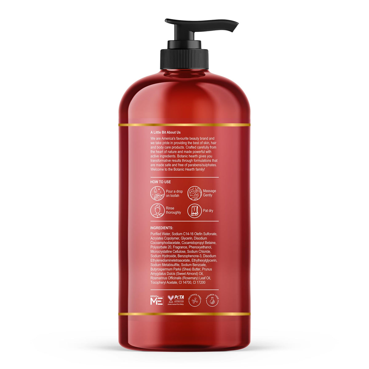 Botanic Hearth bottle placed on shower shelf to show in-shower use and moisture-friendly formula