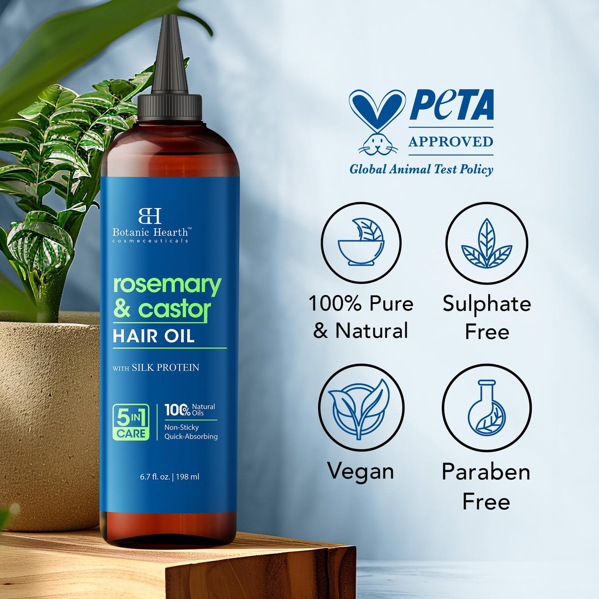 Botanic Hearth bottle in bathroom routine setting for daily hair care