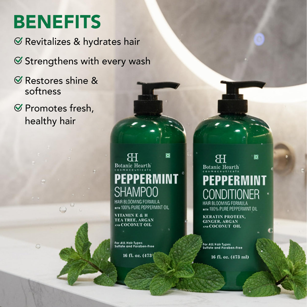 Botanic Hearth peppermint oil and botanicals close-up emphasizing natural ingredients benefit