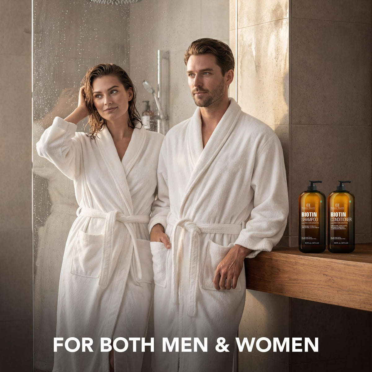 Botanic Hearth shampoo and conditioner on bathroom shelf for daily routine benefit