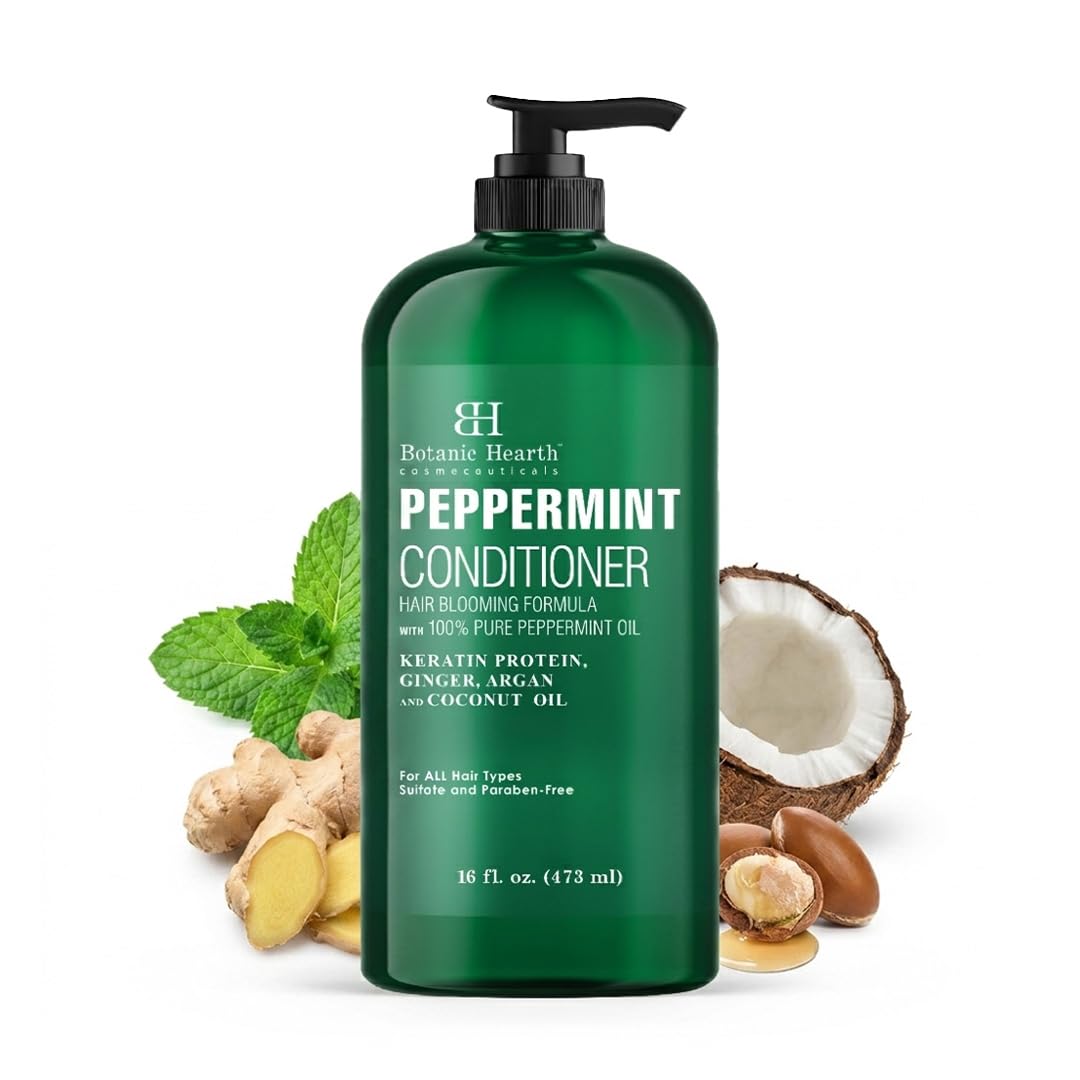 Botanic Hearth front bottle shot showing peppermint conditioner and benefits