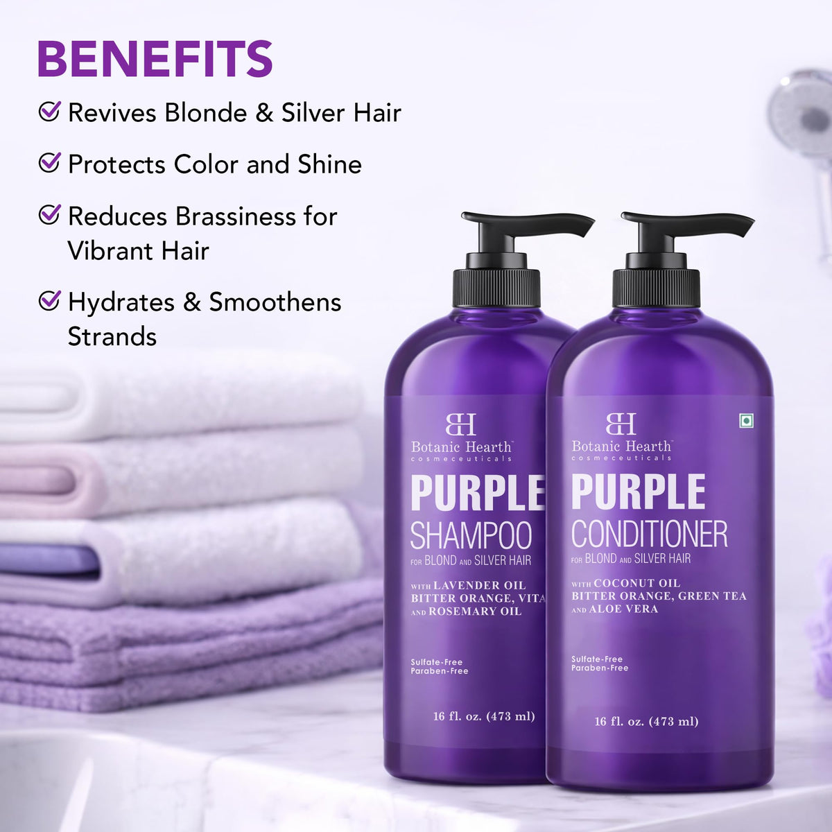 Botanic Hearth shampoo bottle close-up highlighting sulfate-free formula benefit