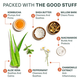 Botanic Tree ingredient flatlay with kombucha and bamboo to support brightening