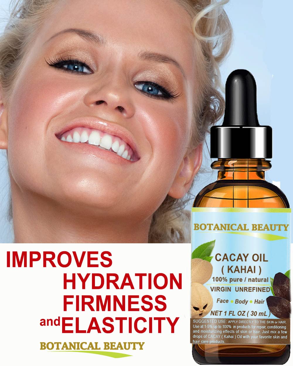 Botanical Beauty label detail highlighting cold-pressed purity and ingredient benefit
