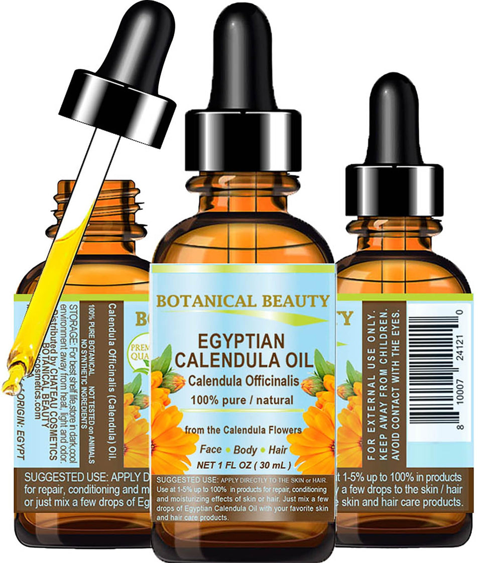 Botanical Beauty front label showing pure calendula oil and benefits