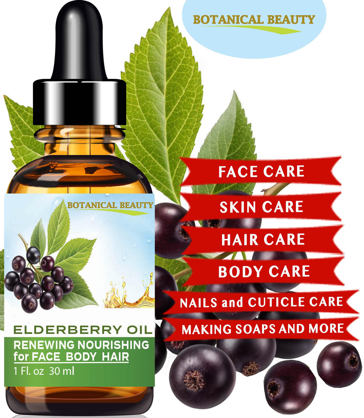 Botanical Beauty elderberry oil dropper pouring a nourishing drop