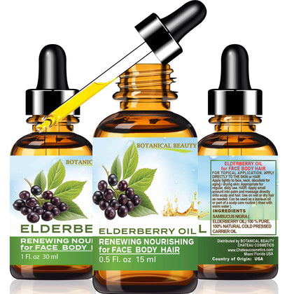 Botanical Beauty elderberry oil bottle front showing packaging and purity