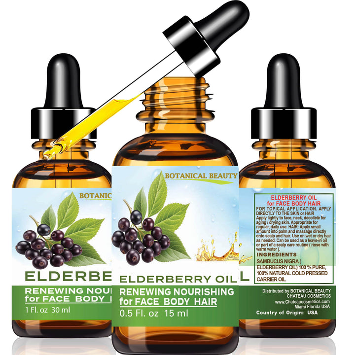 Botanical Beauty elderberry oil bottle front showing packaging and purity