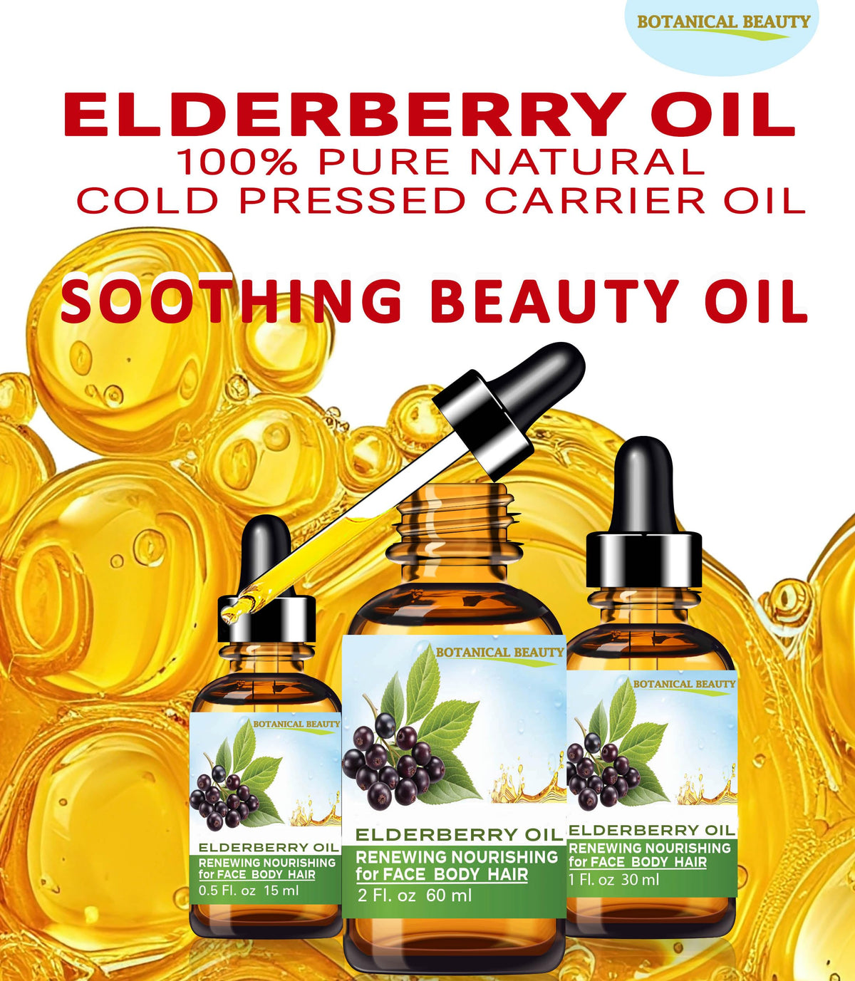 Botanical Beauty elderberry oil label close-up listing Sambucus nigra ingredient