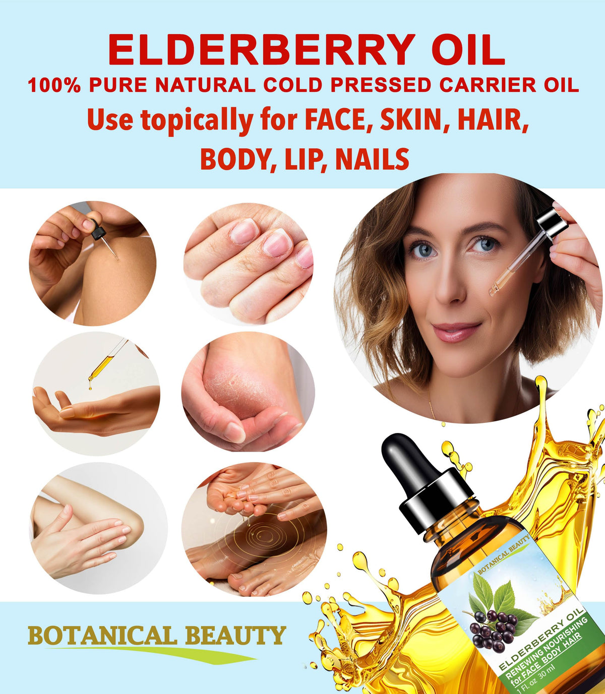 Botanical Beauty elderberry oil applied on skin for fast moisturizing