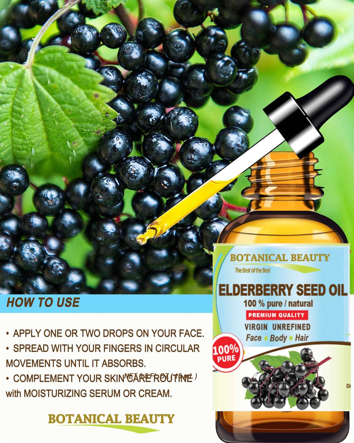 Botanical Beauty bottle beside elderberry plant illustrating natural origin