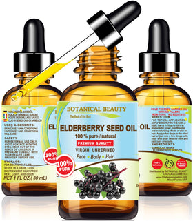 Botanical Beauty bottle front view showing pure elderberry oil benefits