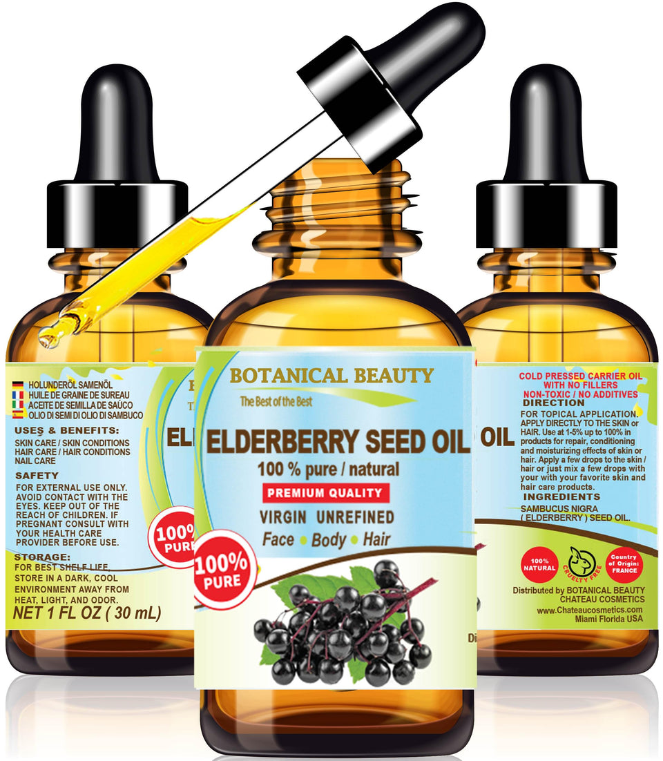 Botanical Beauty bottle front view showing pure elderberry oil benefits