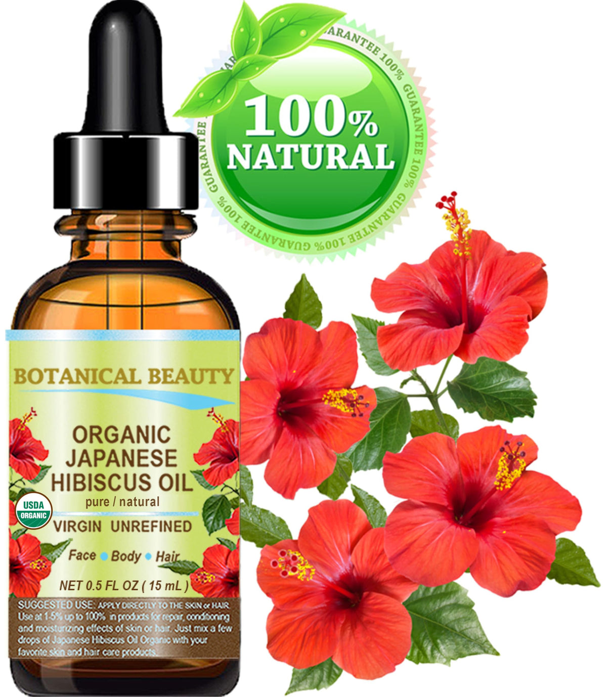 Botanical Beauty label close-up highlighting organic hibiscus and ingredient clarity
