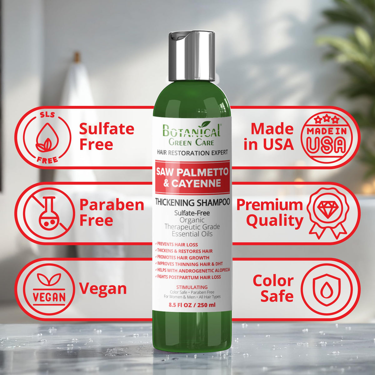 Botanical Green Care shampoo in use by man adding volume