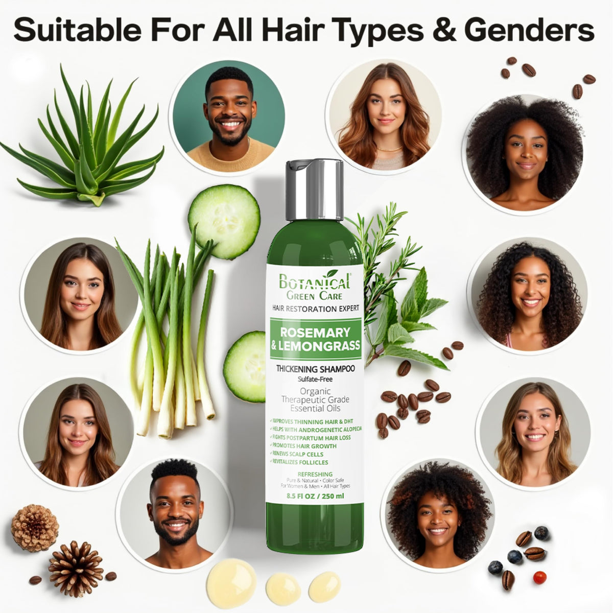 Botanical Green Care key ingredients collage with rosemary and lemongrass