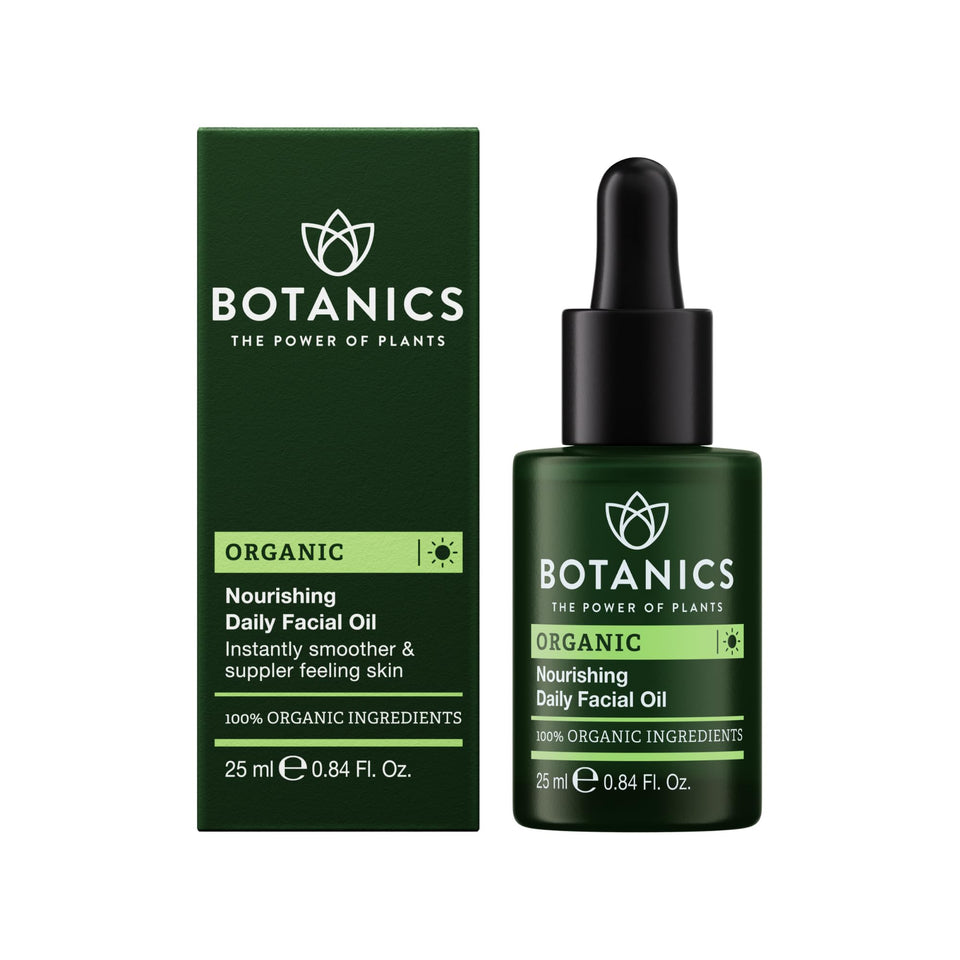 Botanics face oil front packaging showing bottle and label for clean hydration