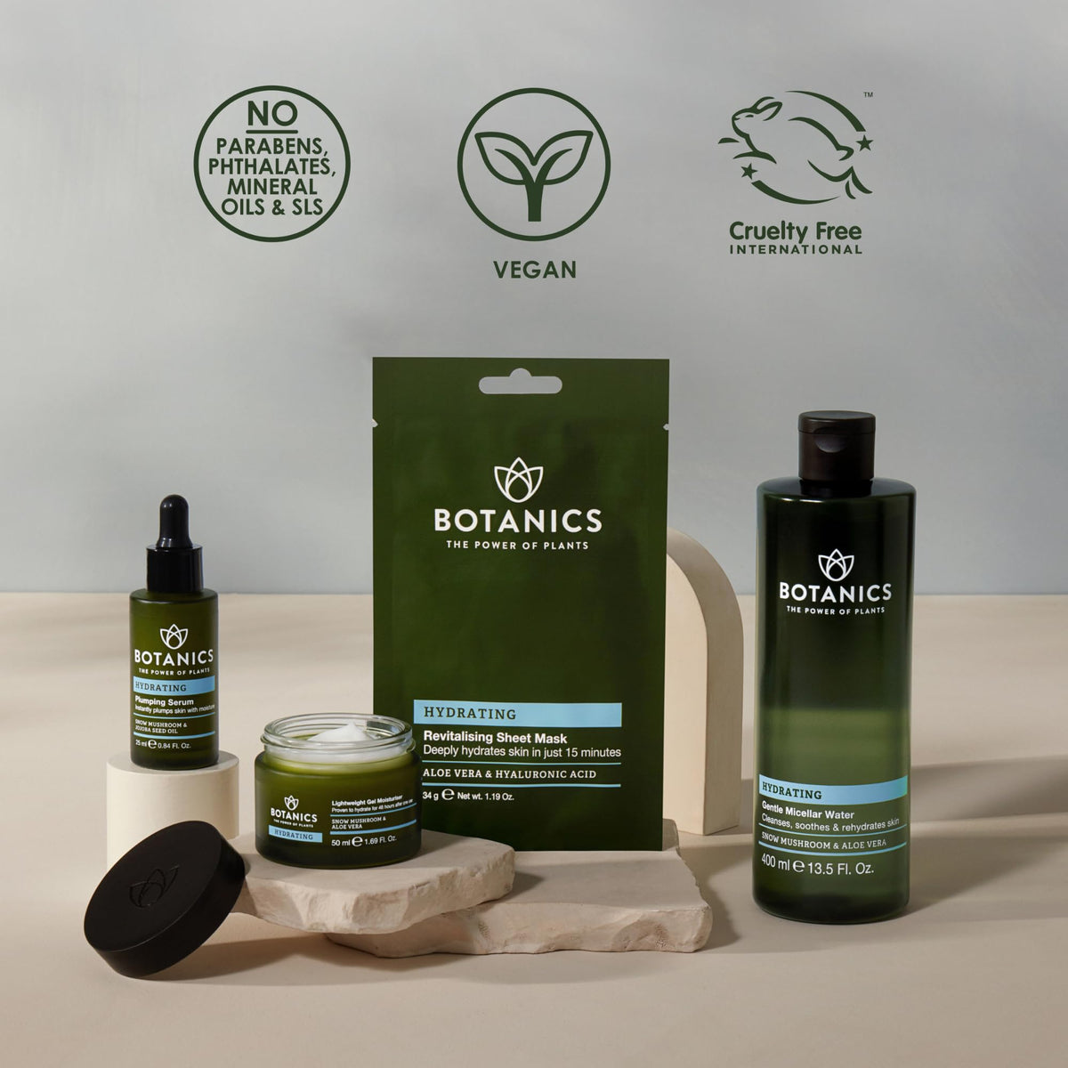 Botanics ingredients display with snow mushroom and aloe emphasizing plant-based hydration