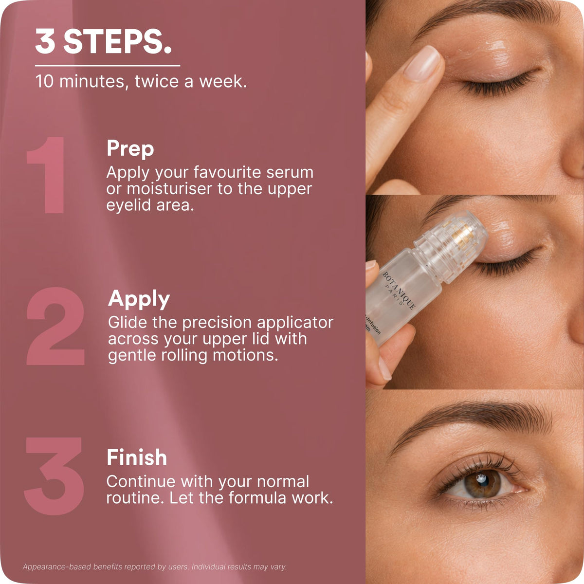BOTANIQUE PARIS applicator in use on upper eyelid showing targeted placement benefit