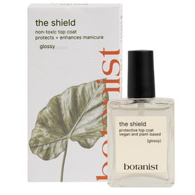 Botanist Nails front bottle showing label and glossy top coat benefit