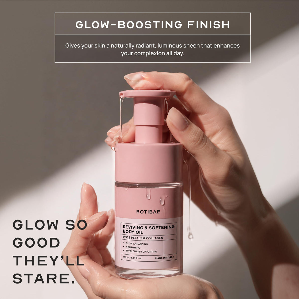 Botibae applied to damp leg after shower showing hydrated glow