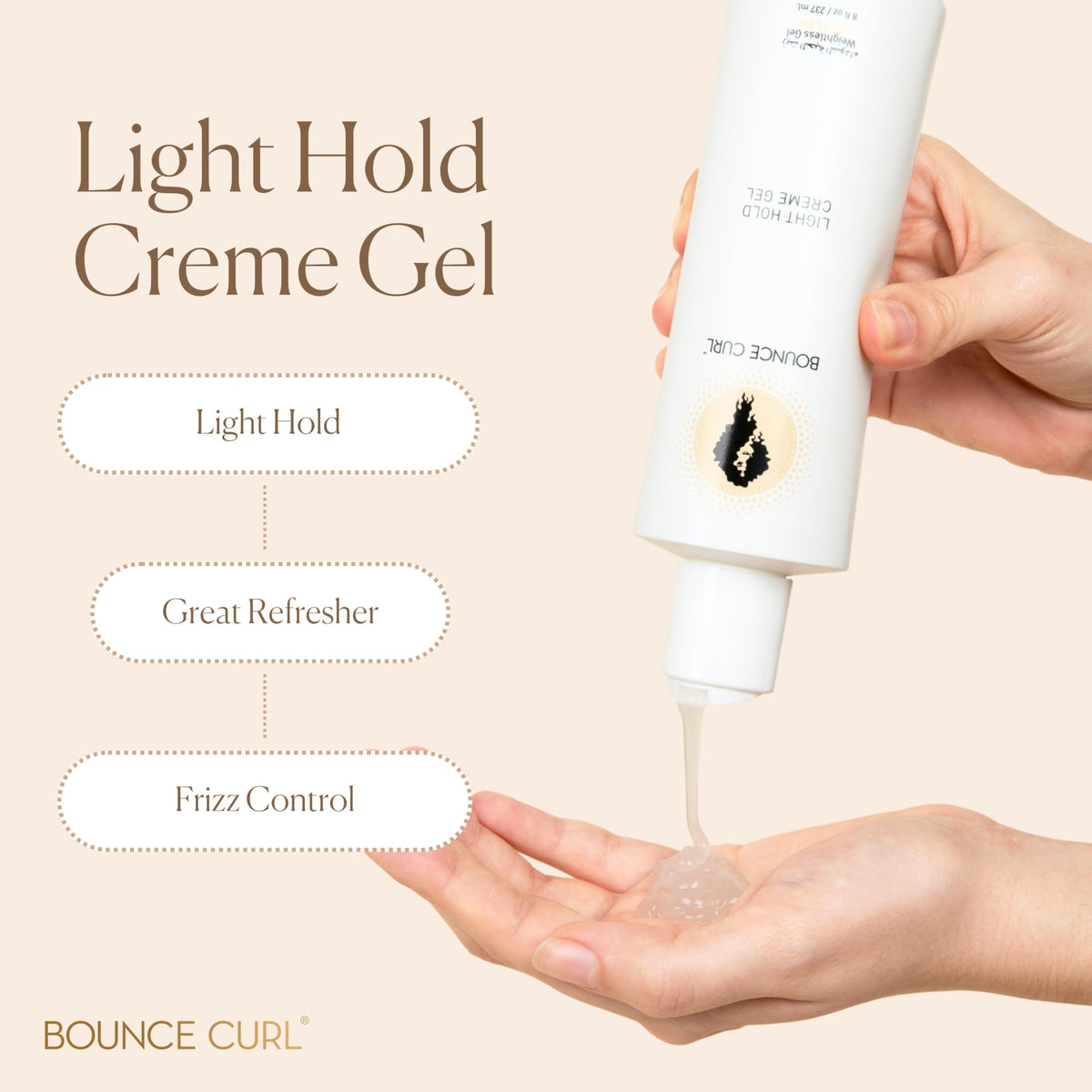 Bounce Curl application in hand demonstrating easy creamy glide and even distribution