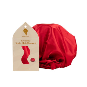 Bounce Curl bonnet front view showing red reversible design and secure fit benefit