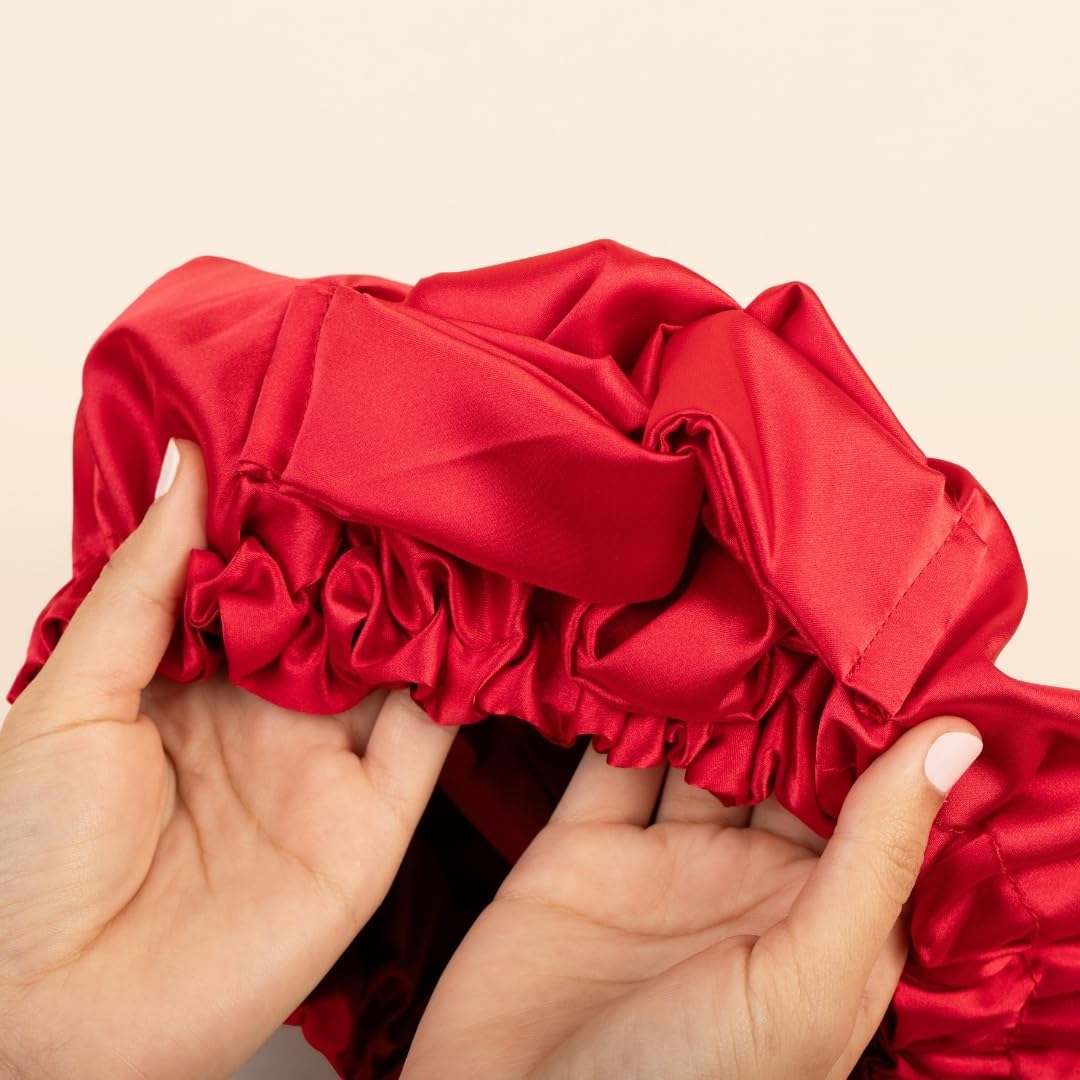 Bounce Curl bonnet worn while sleeping to protect curls and reduce frizz