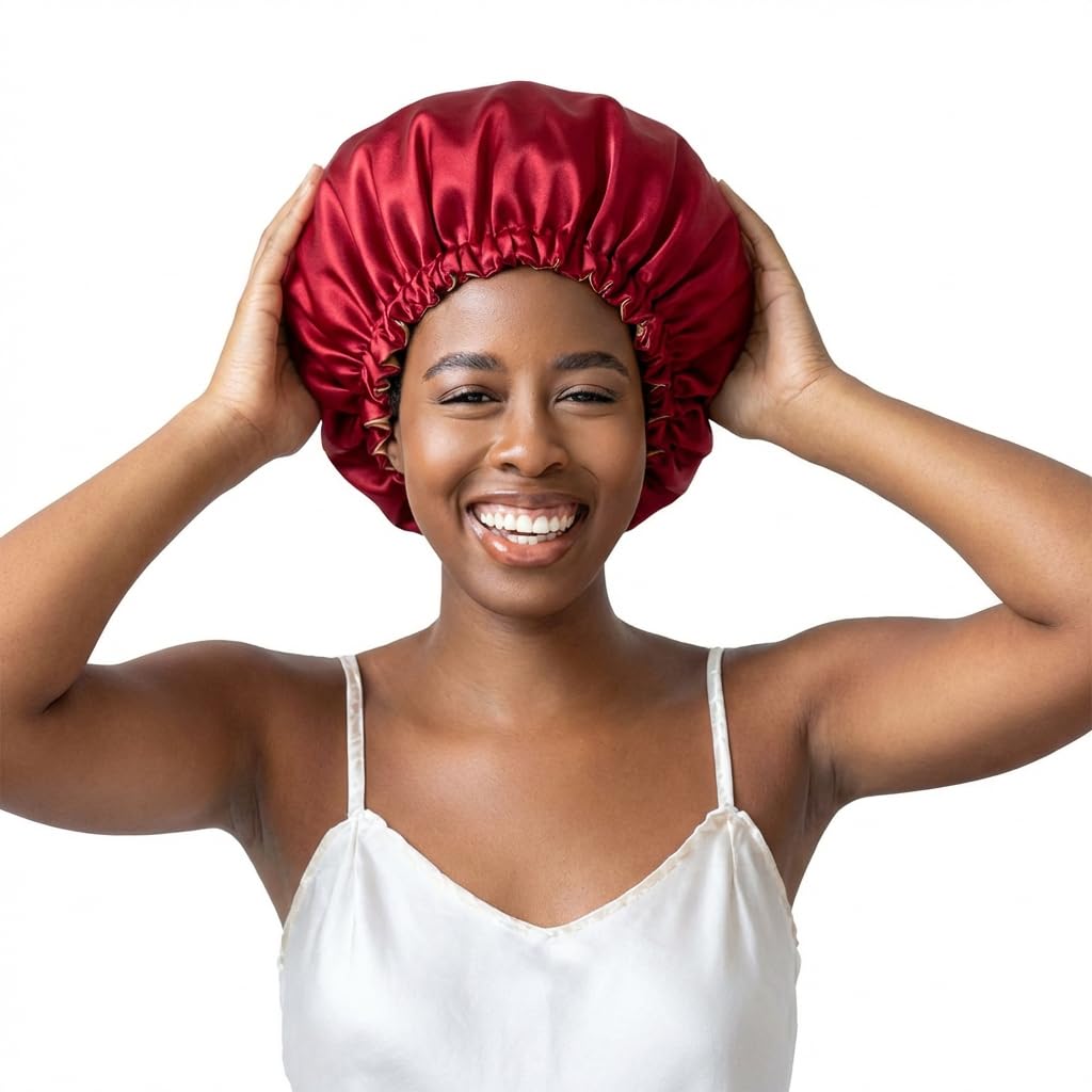 Bounce Curl bonnet held in hand to show compact size for travel convenience