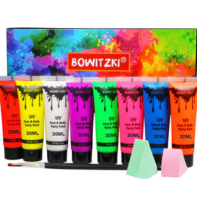Bowitzki front packaging showing eight neon tubes and included tools for bold color